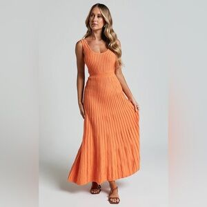 Sunset Orange Ribbed Knit Maxi Dress